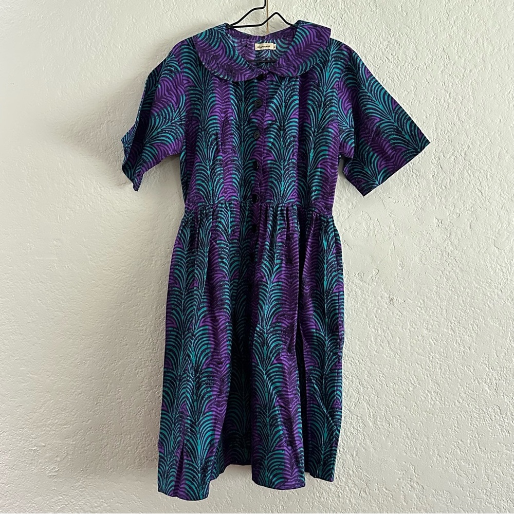 Elisamama XL Casual Purple and Blue Midi Dress with Peter Pan Collar